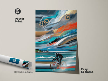 Poster print of an abstract cyclist. The art is rolled in a tube for easy framing. This modern poster features industrial gears and a cyclist in motion. Blue orange and teal add to the art. It's perfect for sports enthusiasts and modern home offices.