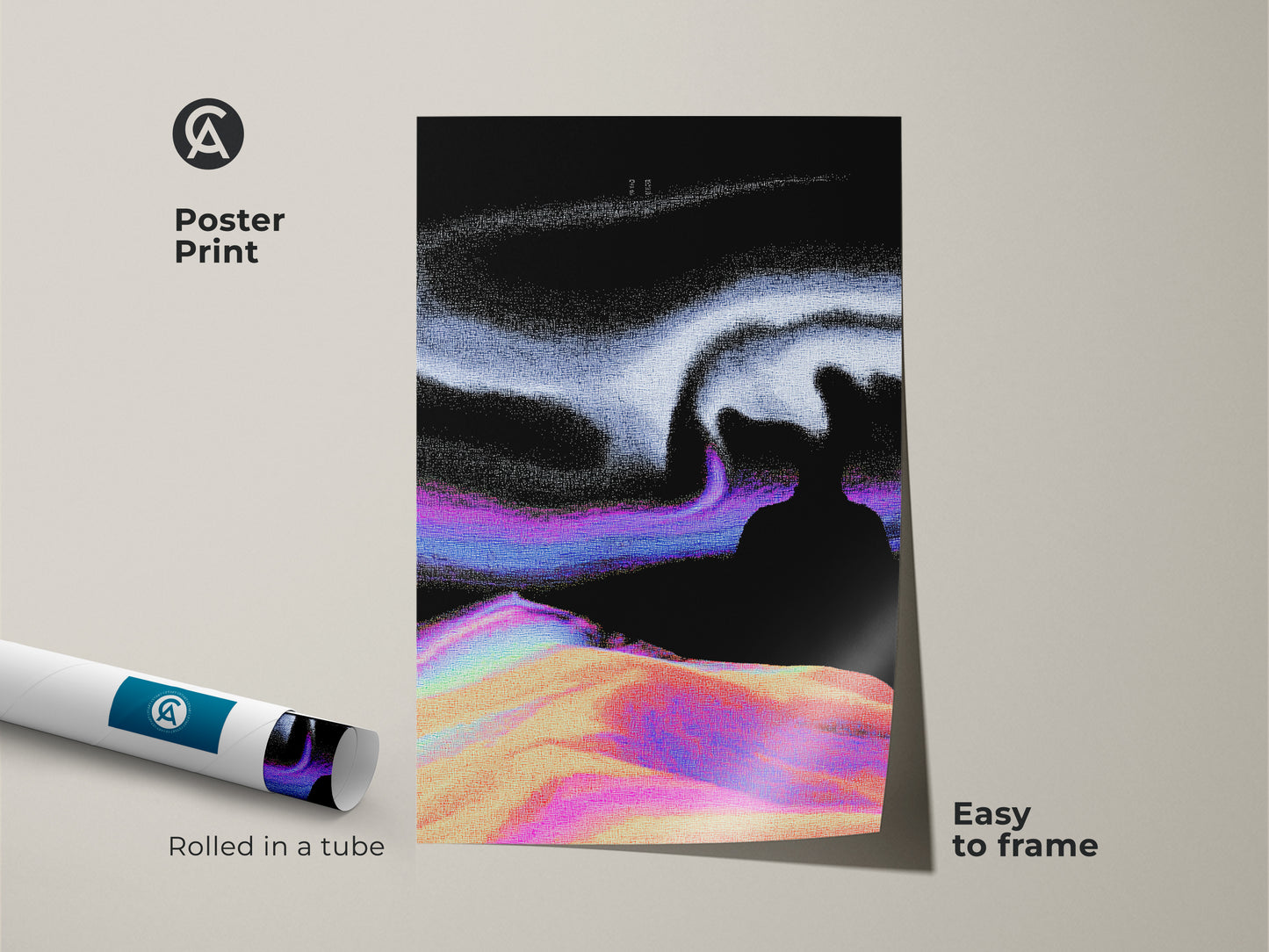 Poster print showcasing abstract glitch art. The surreal landscape is a vaporwave digital art piece in black purple and white. This modern abstract print is easy to frame. A perfect sci-fi fan gift or a stargazer present. Rolled in a tube for protection.
