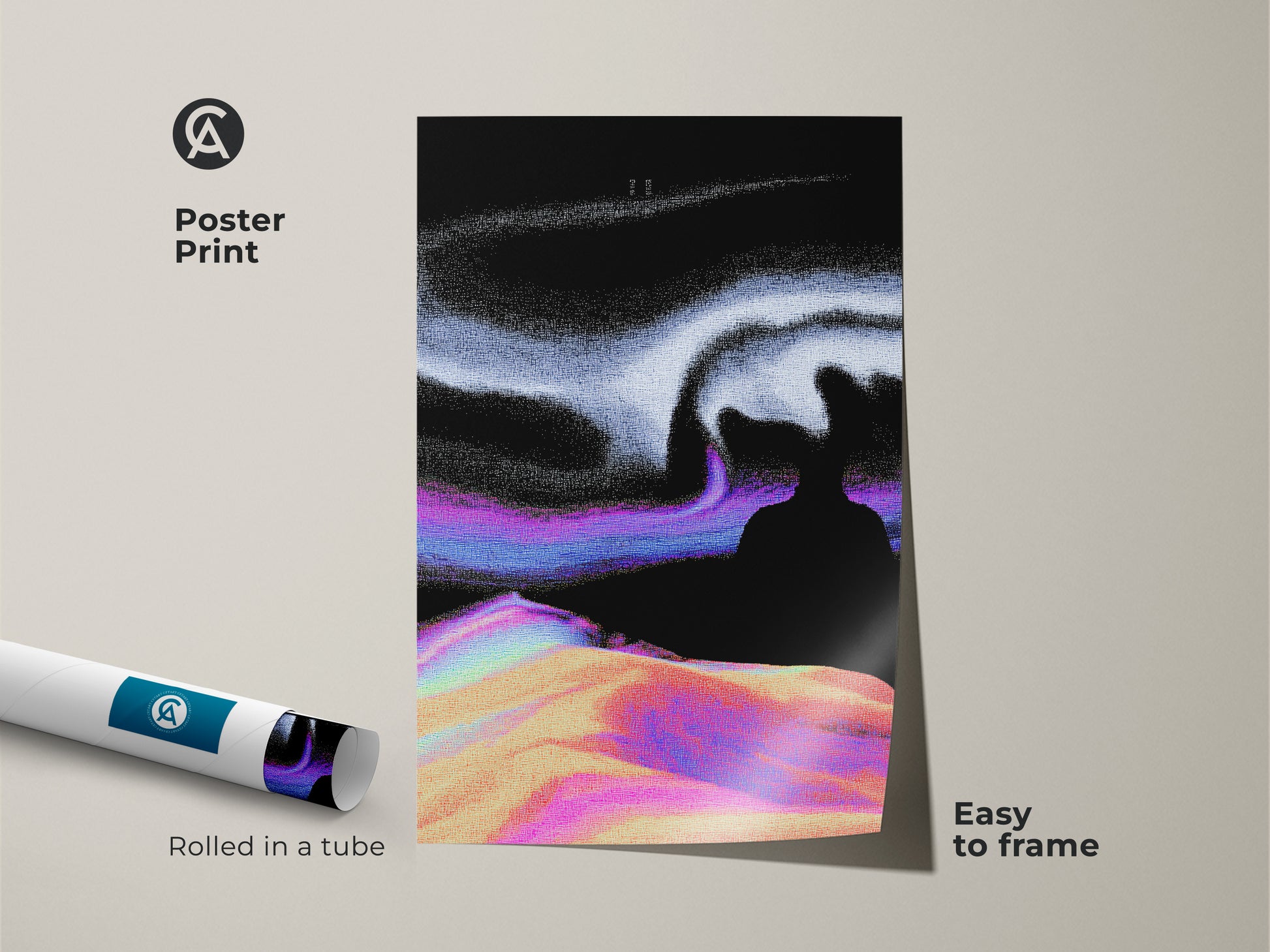 Poster print showcasing abstract glitch art. The surreal landscape is a vaporwave digital art piece in black purple and white. This modern abstract print is easy to frame. A perfect sci-fi fan gift or a stargazer present. Rolled in a tube for protection.