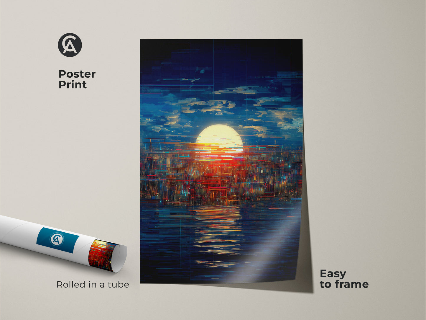 Poster print of an abstract sunset cityscape. The blue yellow and red abstract art is rolled in a tube. Easy to frame this modern bedroom wall art. Urban wall hanging print.
