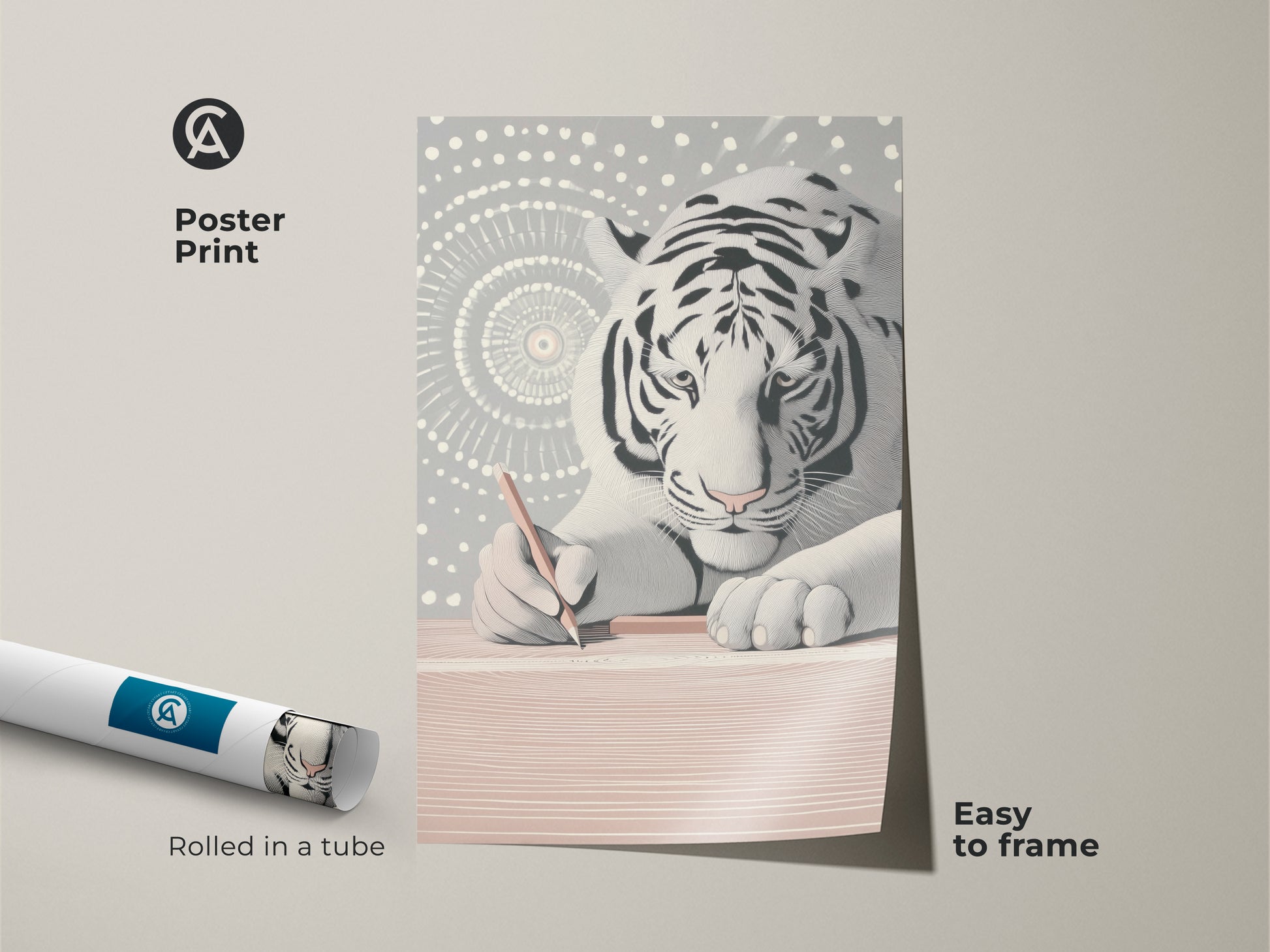 Poster print version of the minimalist white tiger art. Rolled in a tube this abstract animal wall decor is easy to frame. This black and white artwork makes a great gift for artists. The print will add a modern touch to any study room or home office. A stunning wildlife art print.