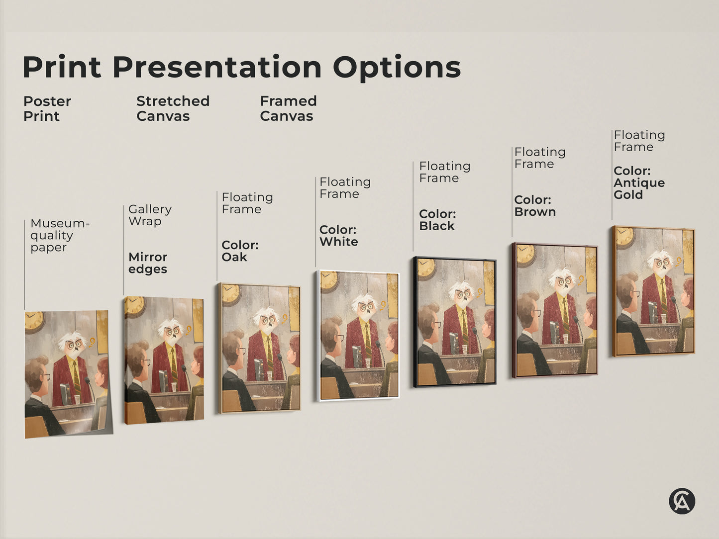 Explore print presentation options for this unique artwork. Choose from poster print stretched canvas or framed canvas. Each featuring the owl judge in a courtroom scene. Select the perfect style to showcase this funny lawyer gift.