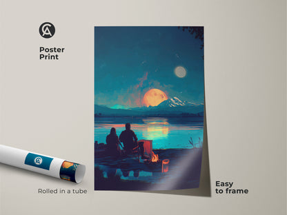 Poster print of a couple sitting by a campfire art. This romantic night sky wall art is rolled in a tube. The lake scene canvas print is easy to frame. A perfect anniversary gift for her.