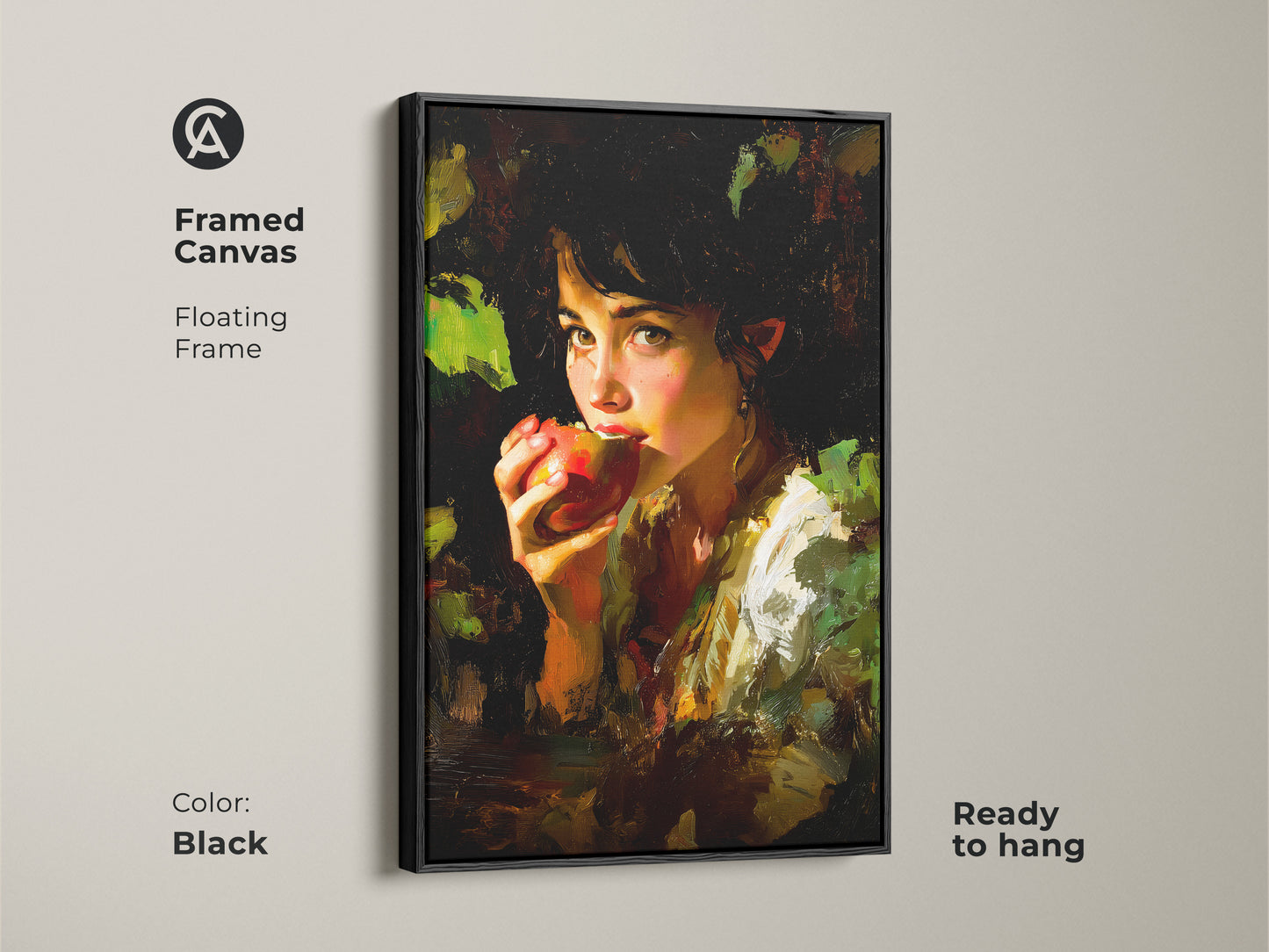 Framed canvas with a floating black frame featuring the Chiaroscuro Apple Girl Art. Ready to hang this impressionist style artwork adds eclectic charm. The deep reds and earthy tones create a striking focal point. A perfect housewarming gift for art lovers.