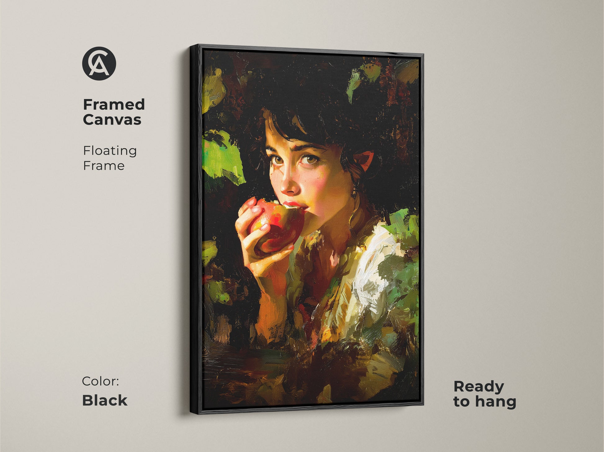 Framed canvas with a floating black frame featuring the Chiaroscuro Apple Girl Art. Ready to hang this impressionist style artwork adds eclectic charm. The deep reds and earthy tones create a striking focal point. A perfect housewarming gift for art lovers.