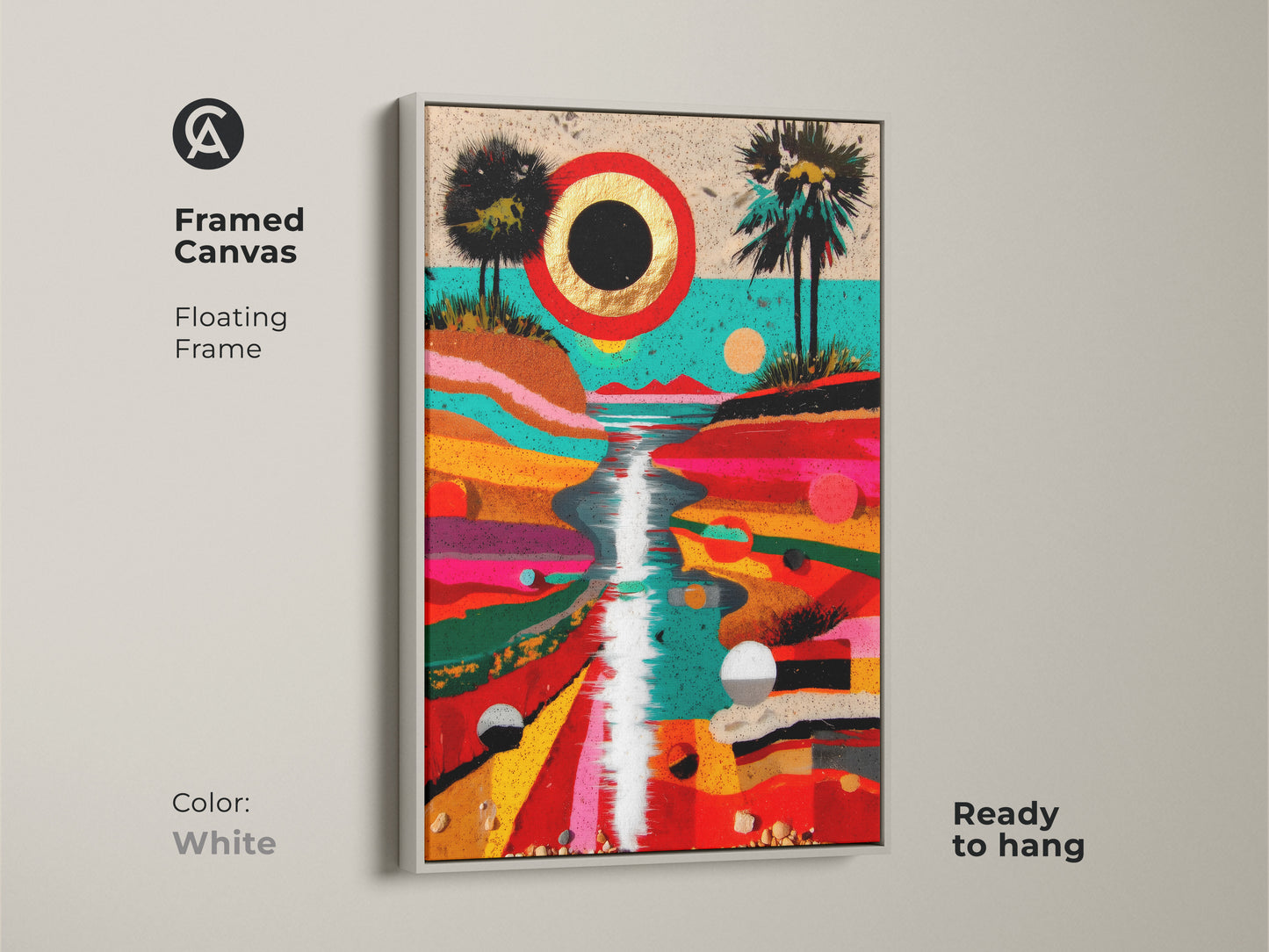 Framed canvas showing abstract tropical art in a white floating frame. This colorful landscape canvas adds a modern touch to any room. It serves as unique office abstract wall decor enhancing the bohemian home decor art.