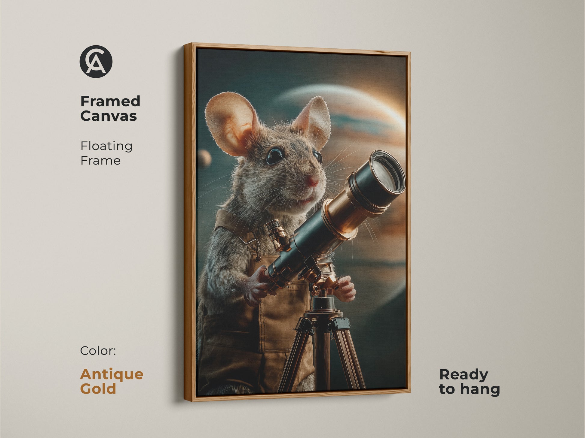 Antique gold framed canvas of a mouse using a telescope. The stargazer artwork features a floating frame. This space exploration art print has earthy brown gold and teal accents. This animal space explorer decor will enhance your office study or eclectic space.