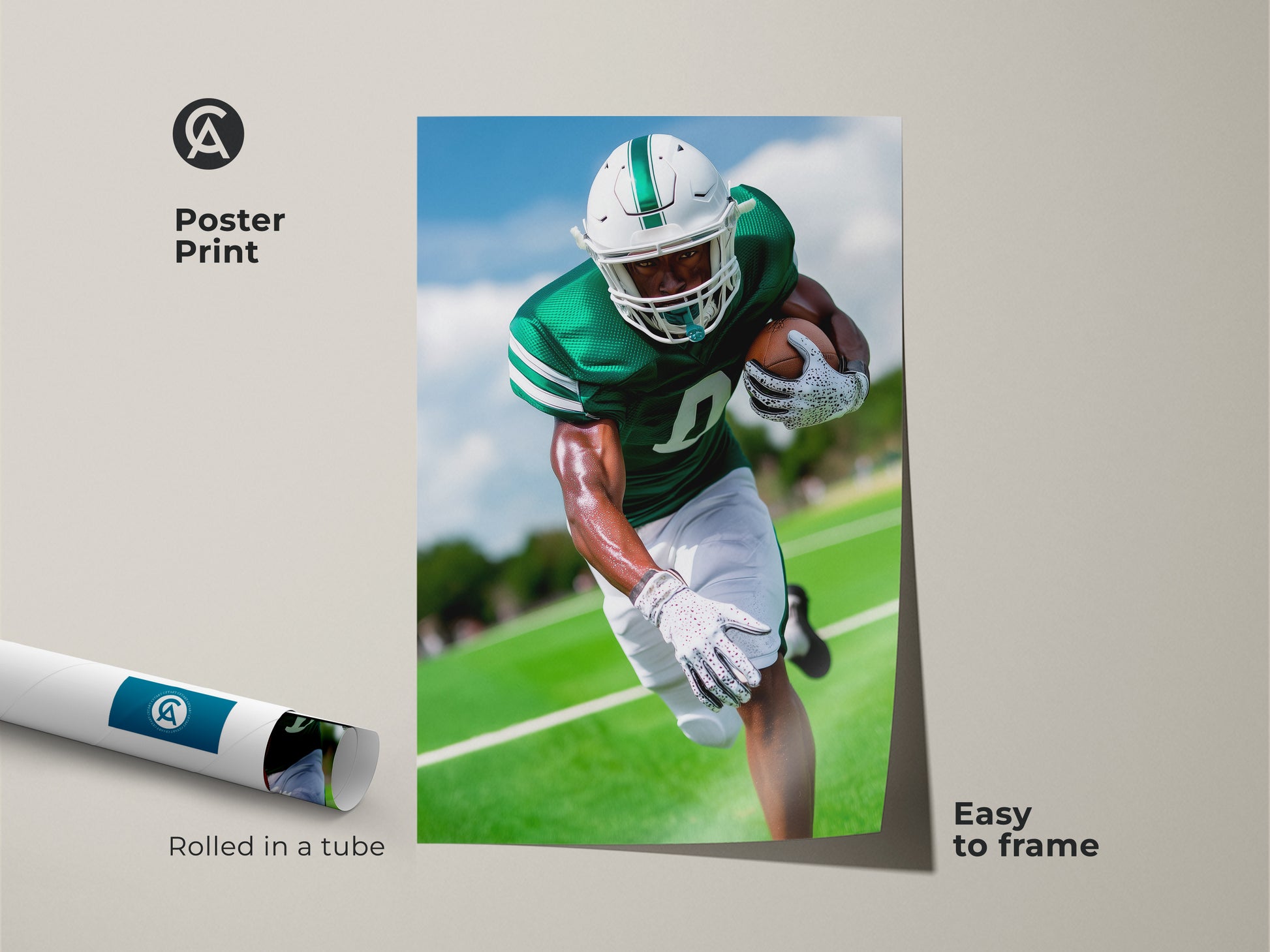 Poster print of a football player in action wearing an emerald green jersey. This sports artwork is easy to frame. Rolled in a tube this dynamic action photography is ideal for sports decor. A great gift for any football lover.
