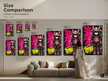 A size comparison shows the Smaco Topix samurai artwork in different dimensions. Inches and centimeters are listed. Visualize how this vibrant art piece will look in your home. Perfect for adding a bold statement.