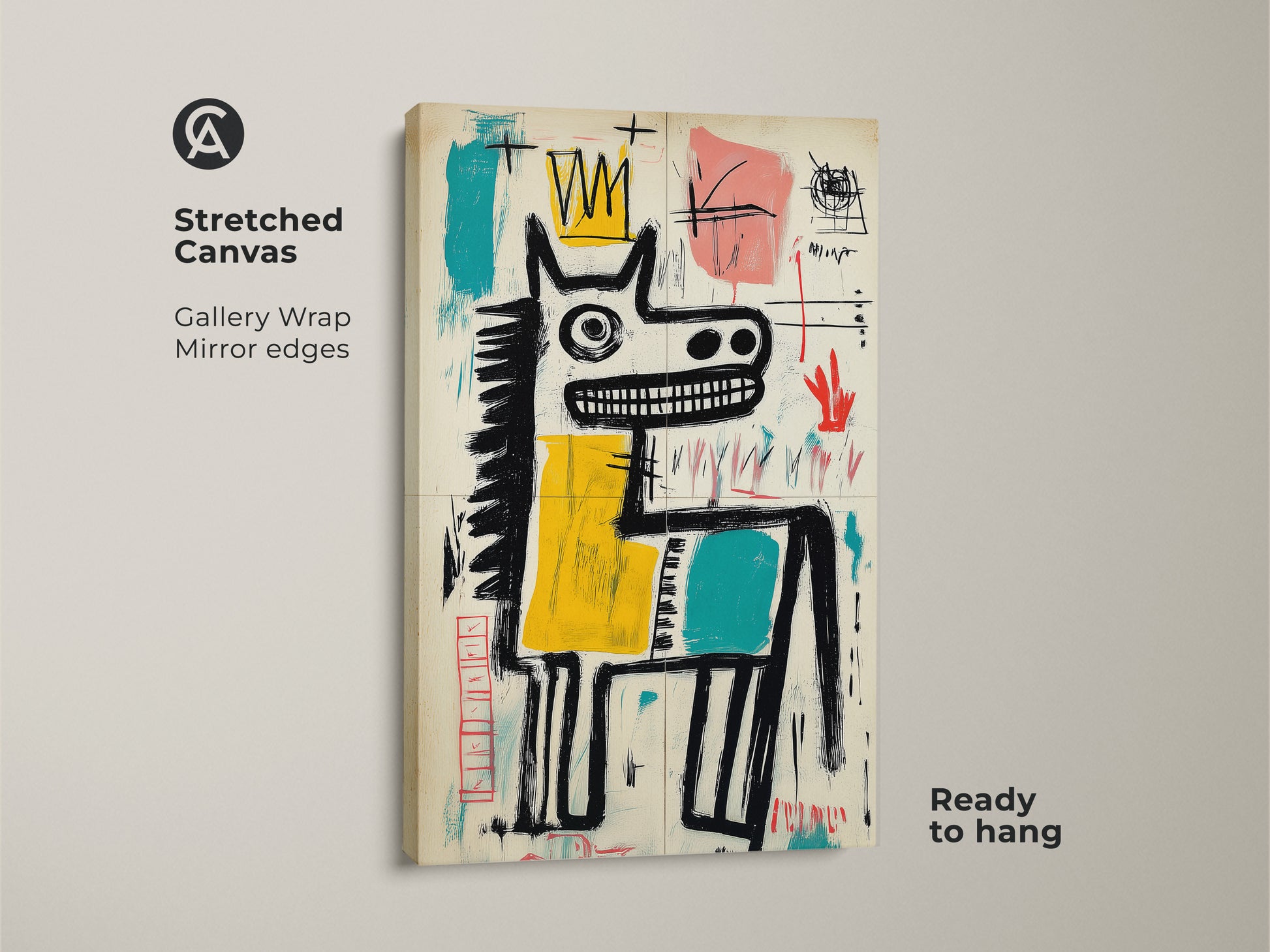 Stretched canvas art print. This artwork displays an abstract horse with a crown. It has gallery wrapped edges. Ready to hang for easy wall decor. The mirror edges add a professional touch.