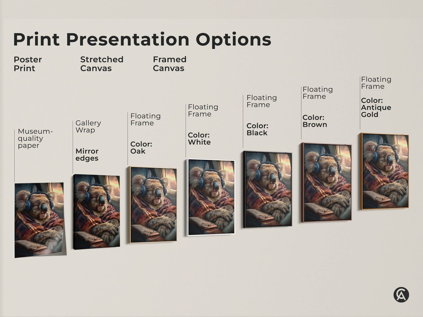 Explore print presentation options with this cozy koala art print. Choose from posters stretched canvas and framed canvas. Decorate your walls with museum quality animal art. This is the perfect wall decor for travel enthusiasts and animal lovers today
