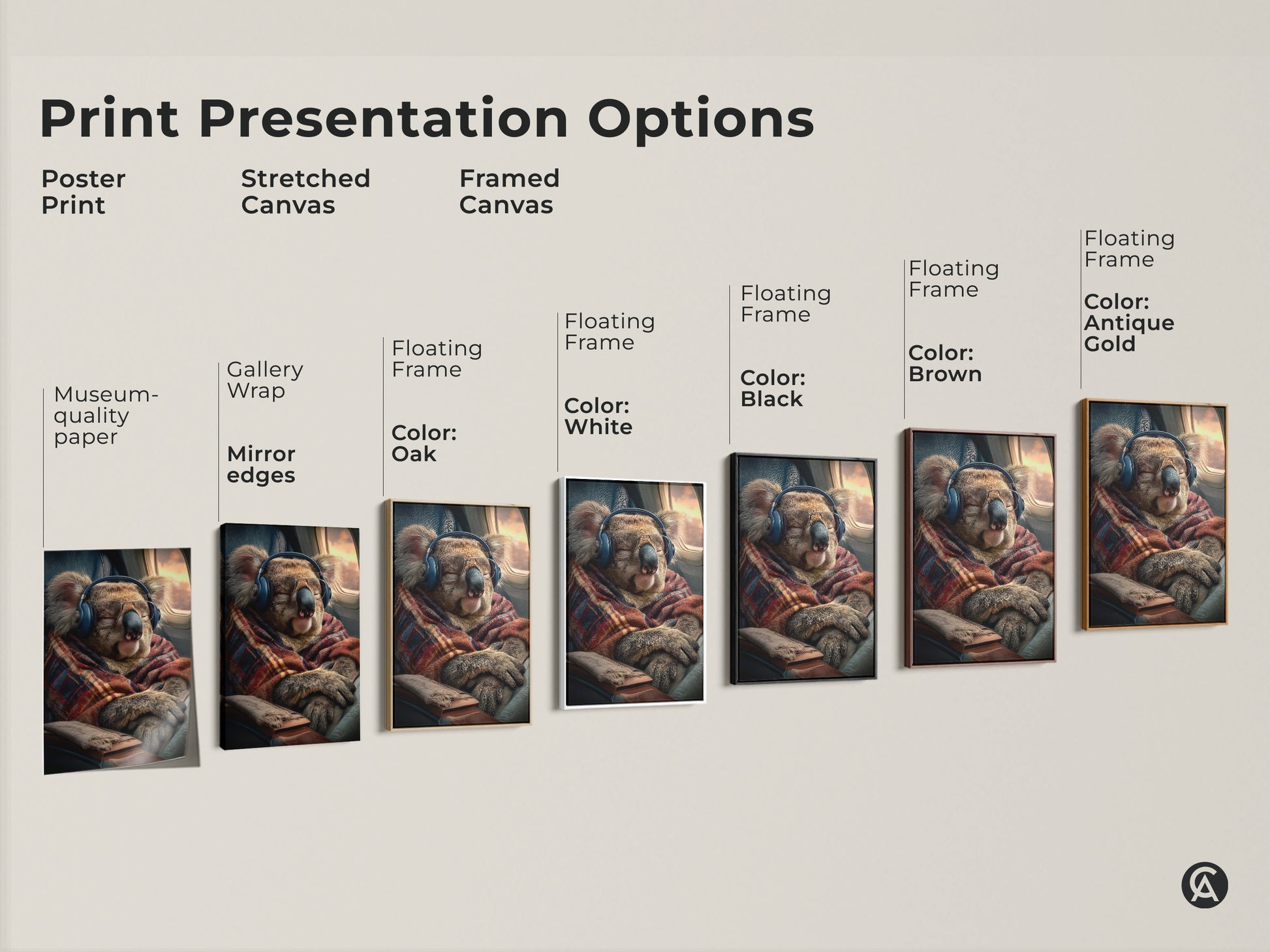 Explore print presentation options with this cozy koala art print. Choose from posters stretched canvas and framed canvas. Decorate your walls with museum quality animal art. This is the perfect wall decor for travel enthusiasts and animal lovers today