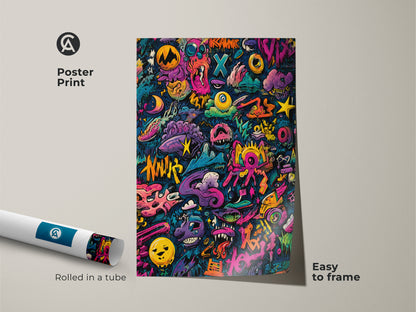 Poster print of graffiti artwork. The poster is rolled in a tube for easy shipping. It is easy to frame and display. The vibrant colors and unique characters make this a standout piece. Perfect for any art lover looking to add some urban flair to their home.