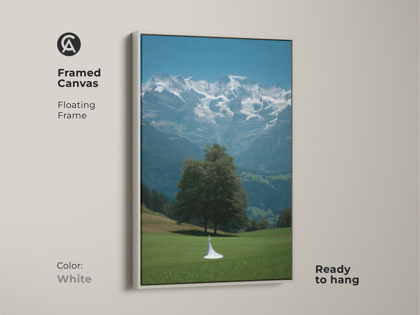 Framed canvas showing cinematic mountain artwork. This fine art landscape canvas has a white floating frame. The nature artwork features a bride figure. This blue green scenic wall art is a great wedding gift. Ready to hang contemporary home decor print. Enjoy bridal gown mountains art in your space. A romantic landscape canvas.