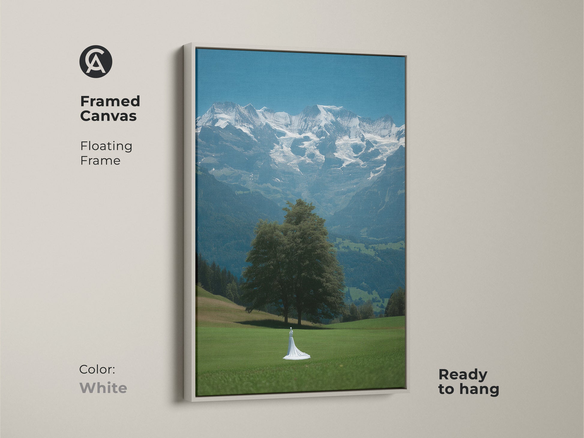 Framed canvas showing cinematic mountain artwork. This fine art landscape canvas has a white floating frame. The nature artwork features a bride figure. This blue green scenic wall art is a great wedding gift. Ready to hang contemporary home decor print. Enjoy bridal gown mountains art in your space. A romantic landscape canvas.
