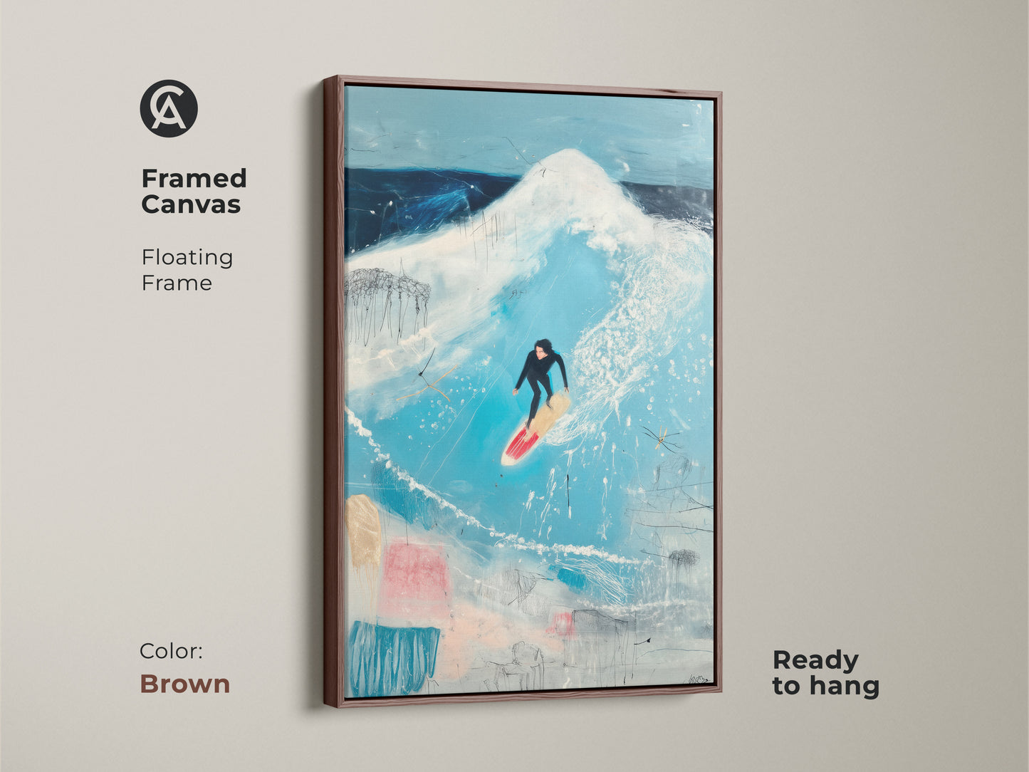 Framed in antique gold this ocean wave canvas art features a surfer. It offers coastal contemporary art for your walls. This abstract surfing print brings a touch of the beach to any space. The metallic frame adds elegance.