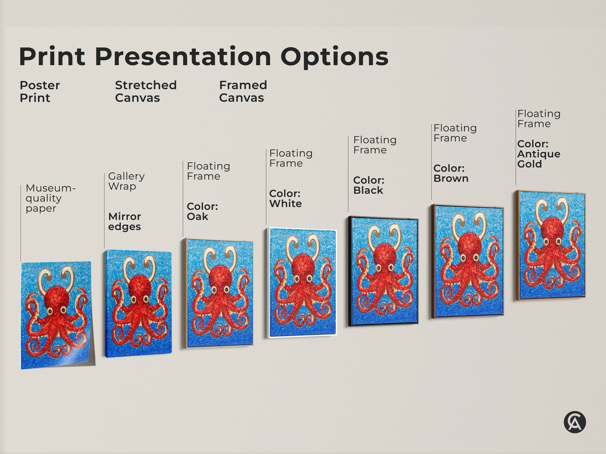 Explore print presentation options for the red octopus mosaic artwork. Choose from poster prints stretched canvas and framed canvas. Options include gallery wrap mirror edges and floating frames in various colors. Find the perfect style to showcase this vibrant abstract marine life art. Enhance your home decor with unique sea creature art.