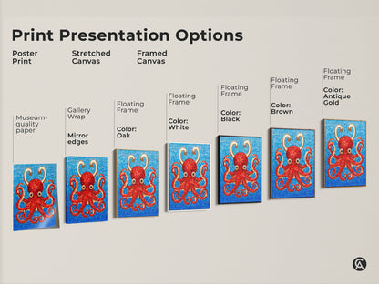 Explore print presentation options for the red octopus mosaic artwork. Choose from poster prints stretched canvas and framed canvas. Options include gallery wrap mirror edges and floating frames in various colors. Find the perfect style to showcase this vibrant abstract marine life art. Enhance your home decor with unique sea creature art.