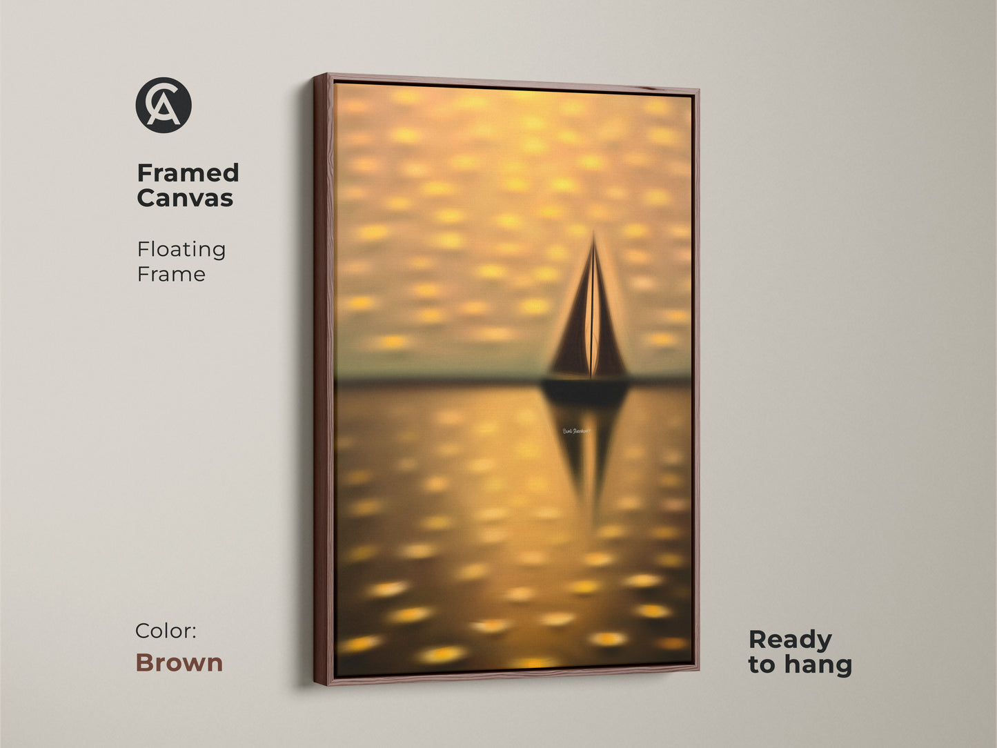 Framed canvas of a dreamy seascape with a brown floating frame. This ready-to-hang nautical art features a yellow gold sailboat. An ideal housewarming gift for coastal home decor.