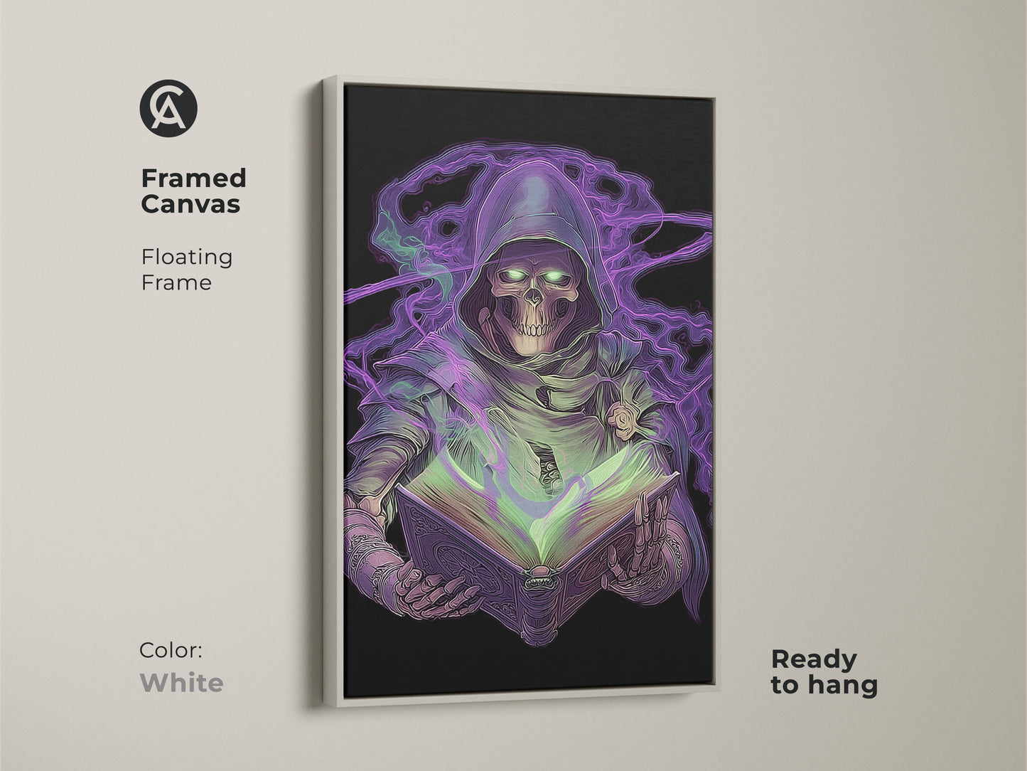 Framed canvas featuring neon purple Grim Reaper art. A gothic skeleton is studying a spellbook. White floating frame contrasts the dark fantasy wall art. Ready to hang as spooky season decor. Perfect for fans of fantasy wizard art