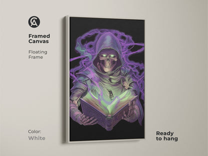 Framed canvas featuring neon purple Grim Reaper art. A gothic skeleton is studying a spellbook. White floating frame contrasts the dark fantasy wall art. Ready to hang as spooky season decor. Perfect for fans of fantasy wizard art
