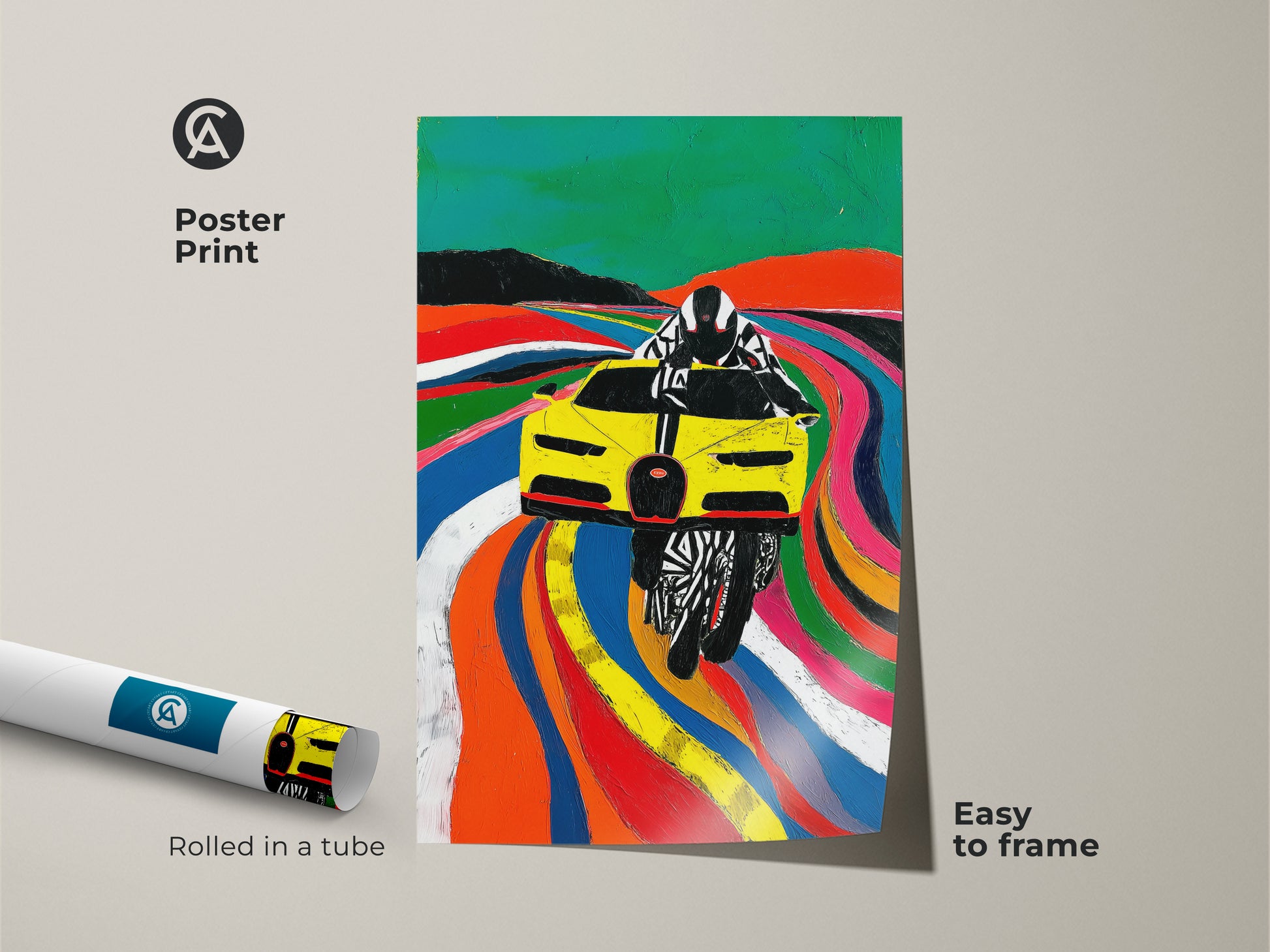 A rolled poster print showcases dynamic Yellow race car Pop artwork. Easy to frame it brings modern automotive art to your space. Ideal for F1 fans this vibrant print adds a touch of speed to any room. The artwork's abstract style and bold colors make it a standout piece. Its perfect for adding energy to a garage wall or office decor.