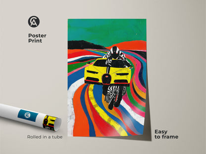 A rolled poster print showcases dynamic Yellow race car Pop artwork. Easy to frame it brings modern automotive art to your space. Ideal for F1 fans this vibrant print adds a touch of speed to any room. The artwork's abstract style and bold colors make it a standout piece. Its perfect for adding energy to a garage wall or office decor.