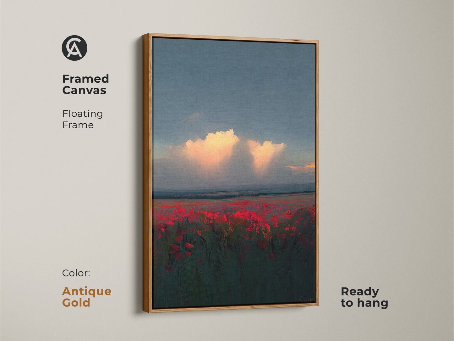 Antique Gold Framed Canvas Print. Displaying a sunset landscape over a crimson poppy field. The artwork is ready to hang. This impressionistic piece adds a touch of elegance to your home decor.