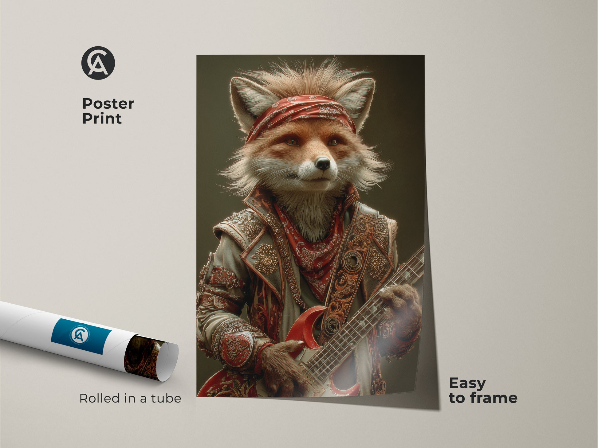 This poster print shows a fox rockstar playing an electric guitar with a red bandana. This unique animal art is easy to frame and adds character to any room. A perfect eclectic gift for musicians or rock fans this wall art brings a rock and roll vibe to your study room decor.