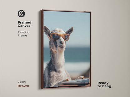 Framed canvas with a brown floating frame featuring goat art. This coastal animal artwork brings a unique personality to your home. Great birthday gift for goat lovers.