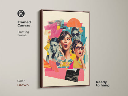 Framed canvas with a brown floating frame displaying retro pop art. It features surprised women in a vibrant collage. Ready to hang this eclectic home decor art is a chic fashion artwork.