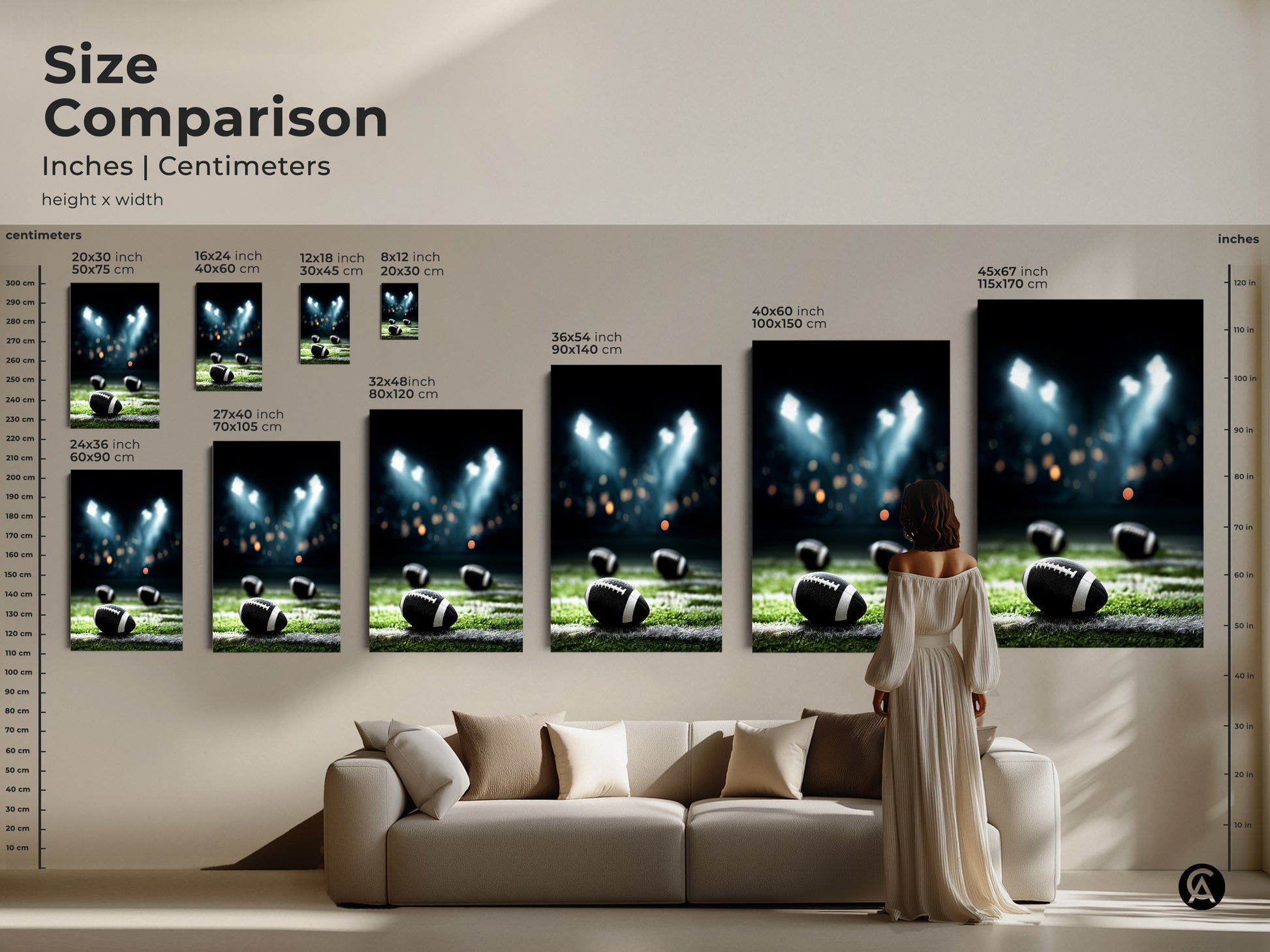 Size Comparison of American Football Canvas Print. See how the art fits in different room sizes. Available in various dimensions to suit your decor needs. Perfect for man caves sports bars and home gyms. Choose the ideal size for your space. Enhance your home with this realistic stadium lights artwork. This sports decor is a great gift for football enthusiasts.