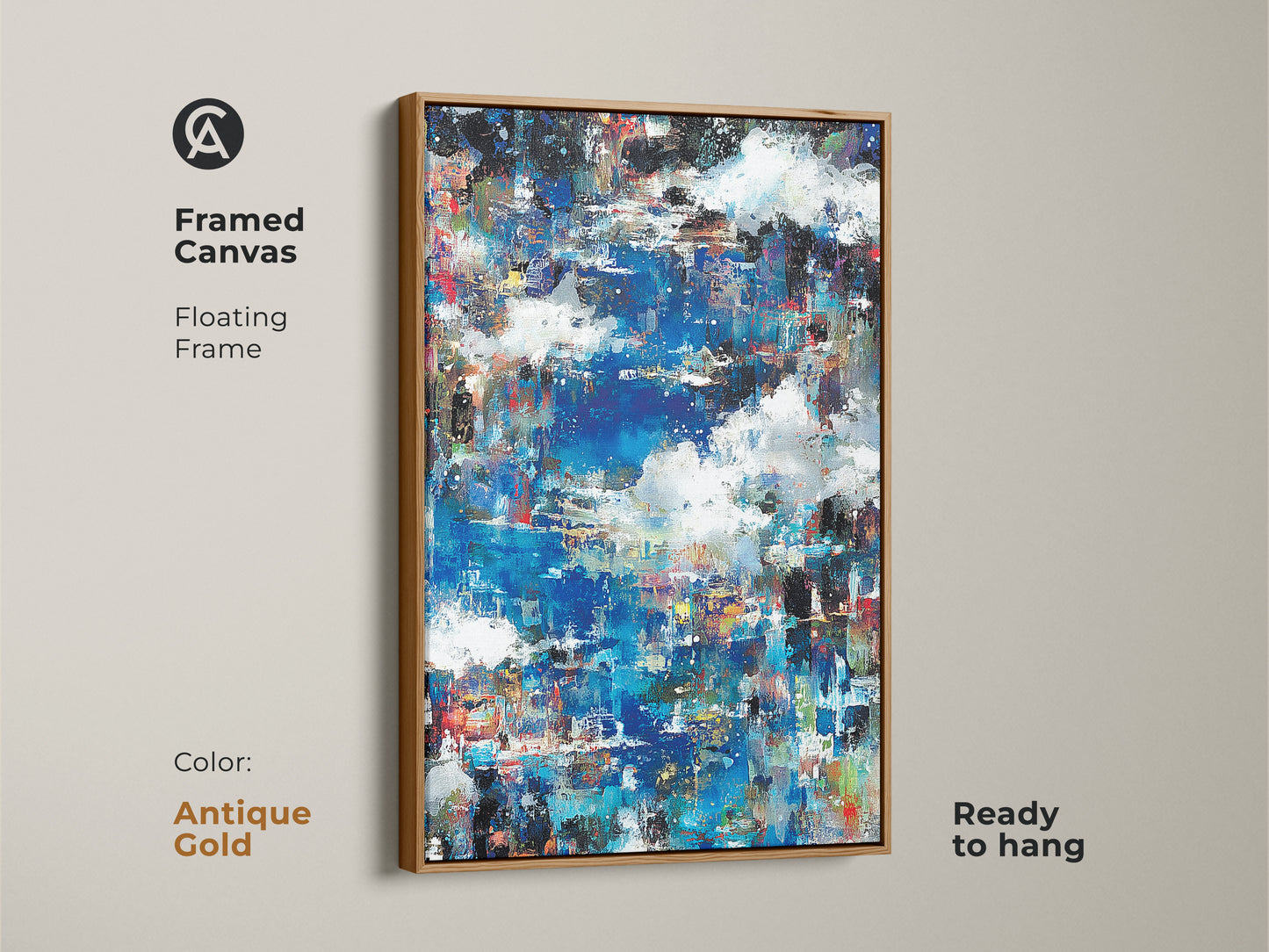Framed canvas print featuring abstract artwork. The antique gold floating frame adds a touch of luxury. Ready to hang and enjoy. Transform your space with this modern art piece. Shop now to elevate your home decor with this framed canvas.