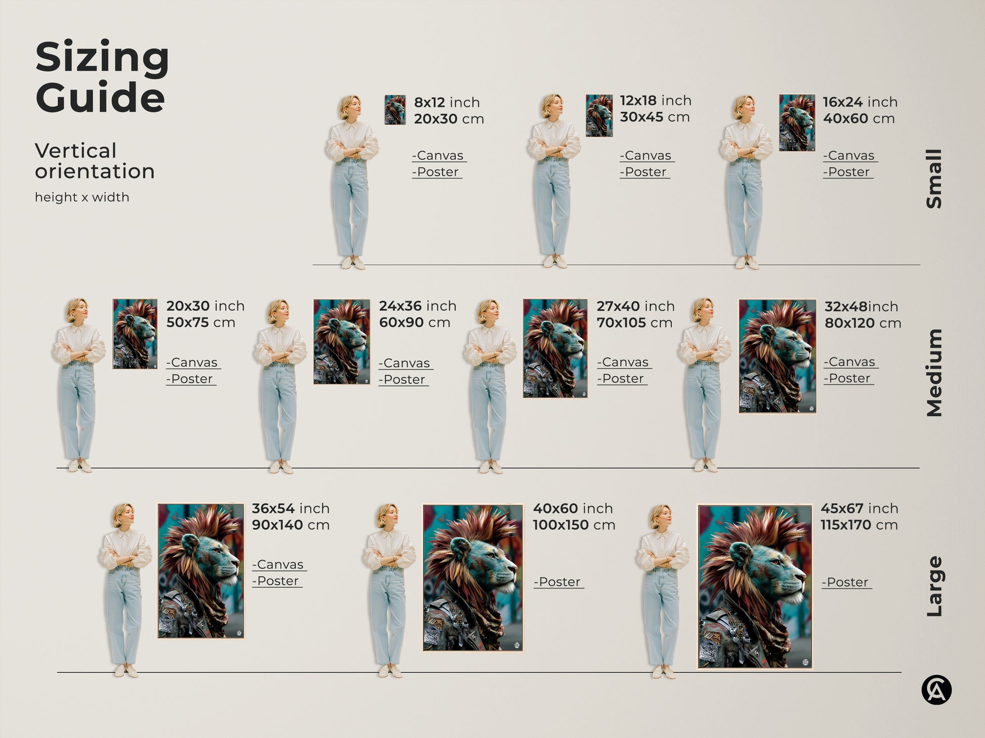 Sizing guide for mohawk lion canvas art. See vertical orientation options and height and width dimensions. Canvas and poster prints are available in small medium and large sizes. Find the perfect fit for unique bedroom art.