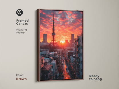 Framed Canvas displays the iconic Tokyo Tower and a crimson sunset. The urban photography art has a brown floating frame. This skyscraper skyline art is ready to hang. It makes a perfect contemporary home decor gift. Japanese architecture art.