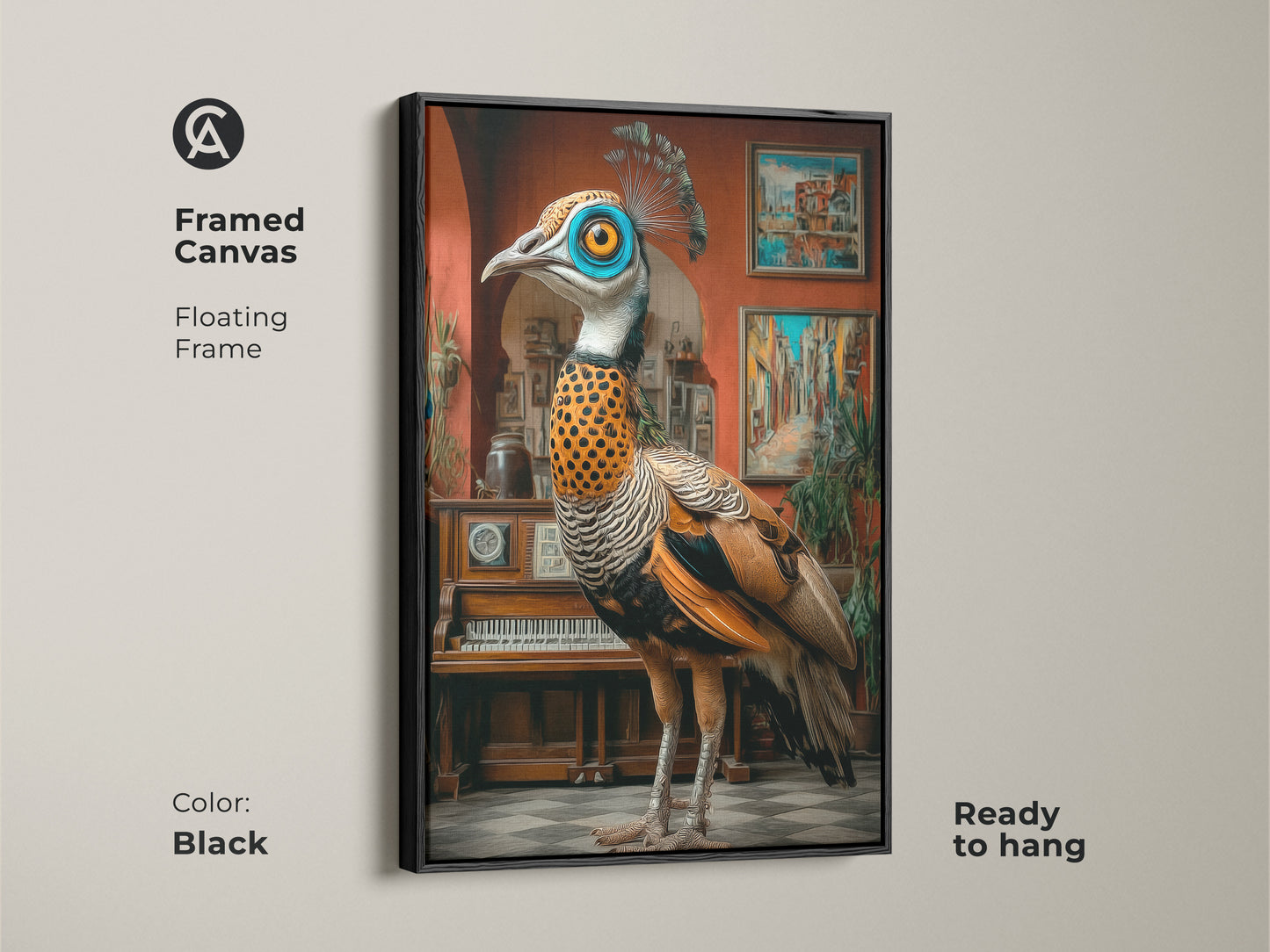 Framed in black this surreal peacock canvas is ready to hang. The ornate bird artwork offers eclectic study room decor with blue orange and teal hues. A unique gift for art lovers the floating frame enhances the animal themed wall art. Its a sophisticated touch to any space.