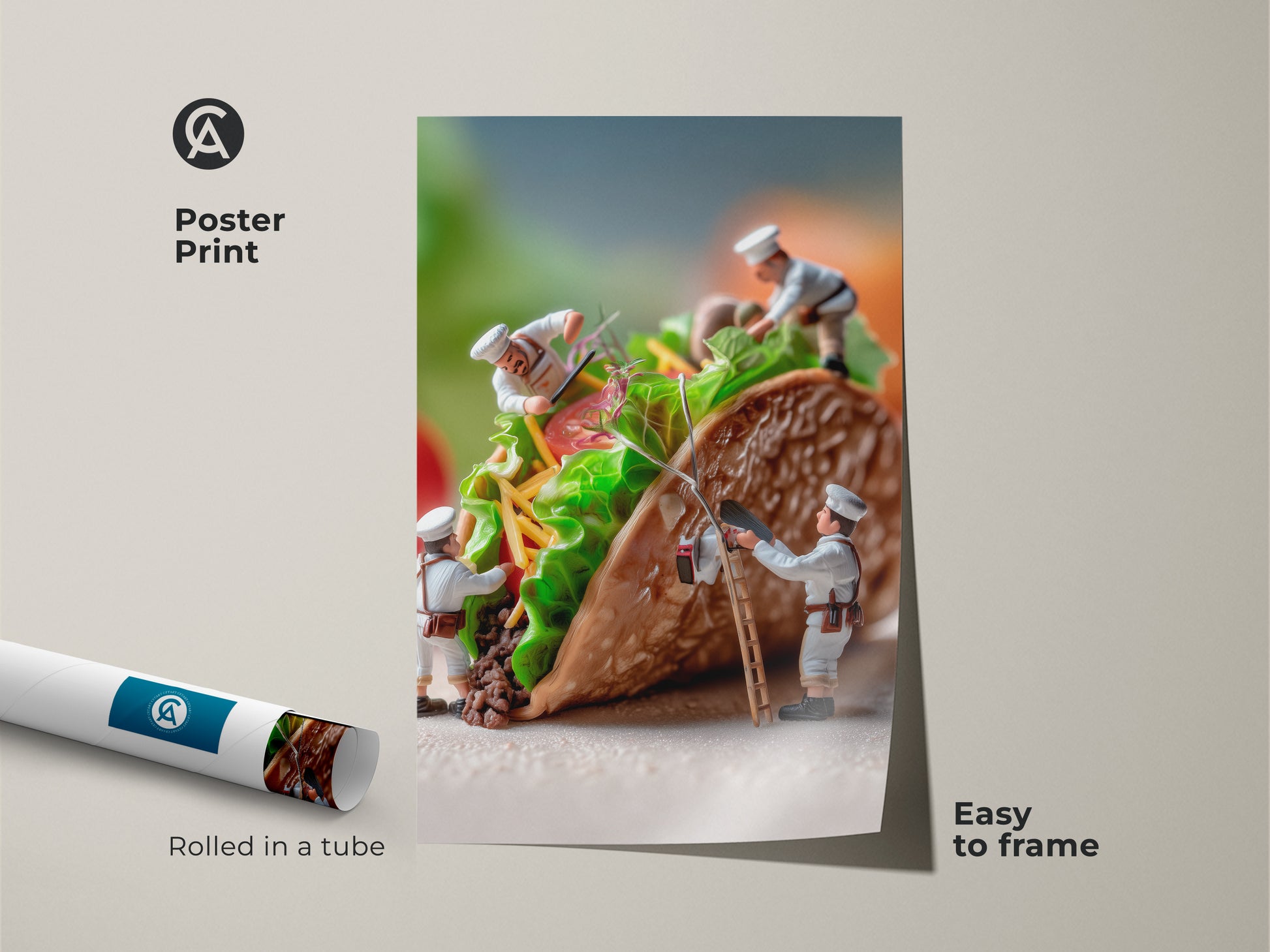 Poster print of miniature chefs crafting a taco. This food art is perfect for framing. The print is rolled in a tube for protection. The chefs add fresh toppings to the taco. This artwork brings a playful culinary scene to your walls easy to frame.