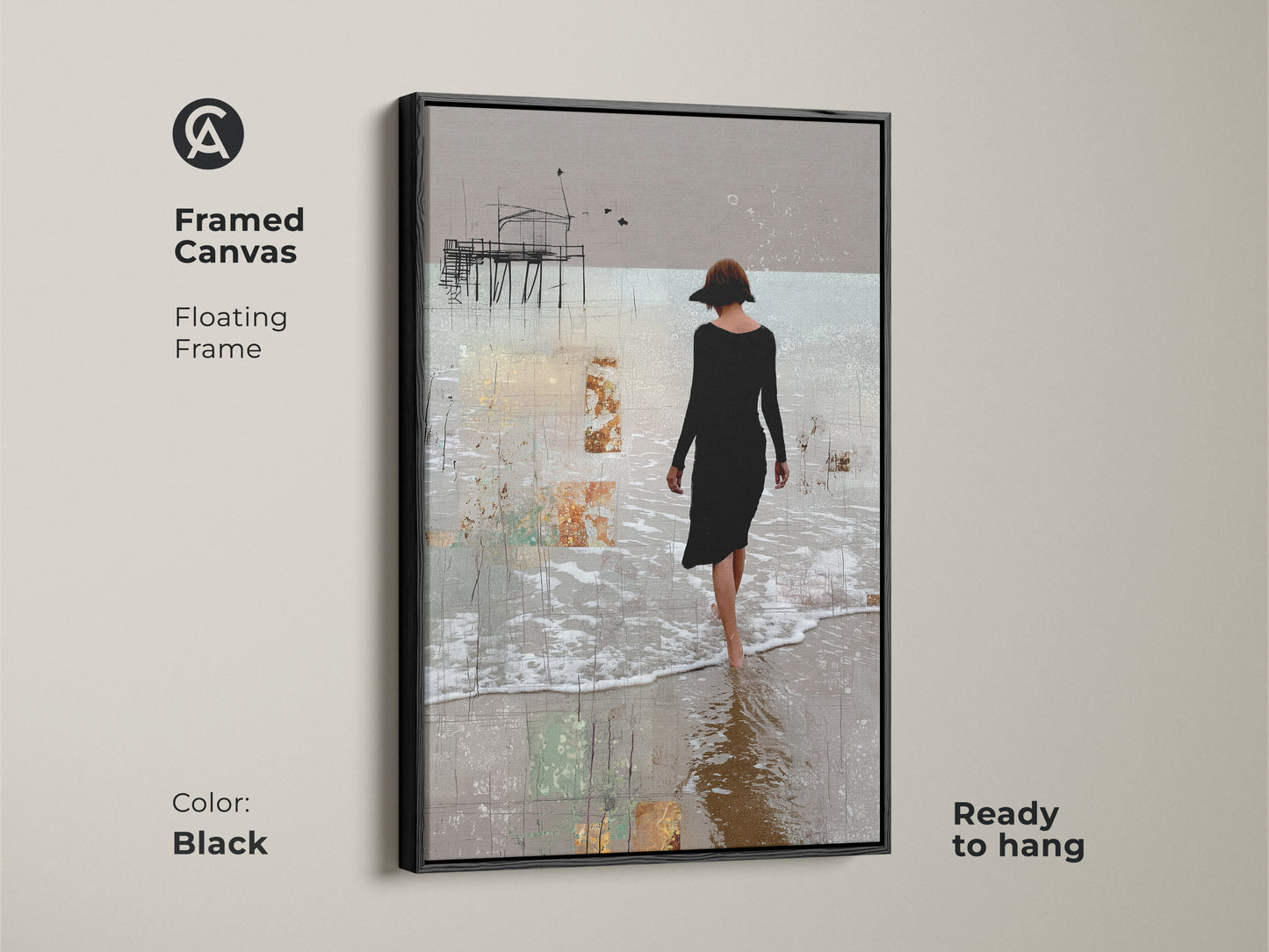 The framed canvas art presents a floating frame in black. A woman is walking on a pier with birds flying above. Ready to hang this abstract woman canvas print offers elegant home wall decor. The contemporary pier print is a fine art beach print.