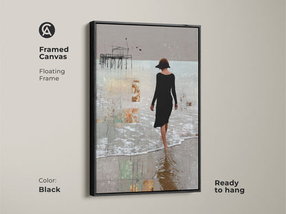 The framed canvas art presents a floating frame in black. A woman is walking on a pier with birds flying above. Ready to hang this abstract woman canvas print offers elegant home wall decor. The contemporary pier print is a fine art beach print.