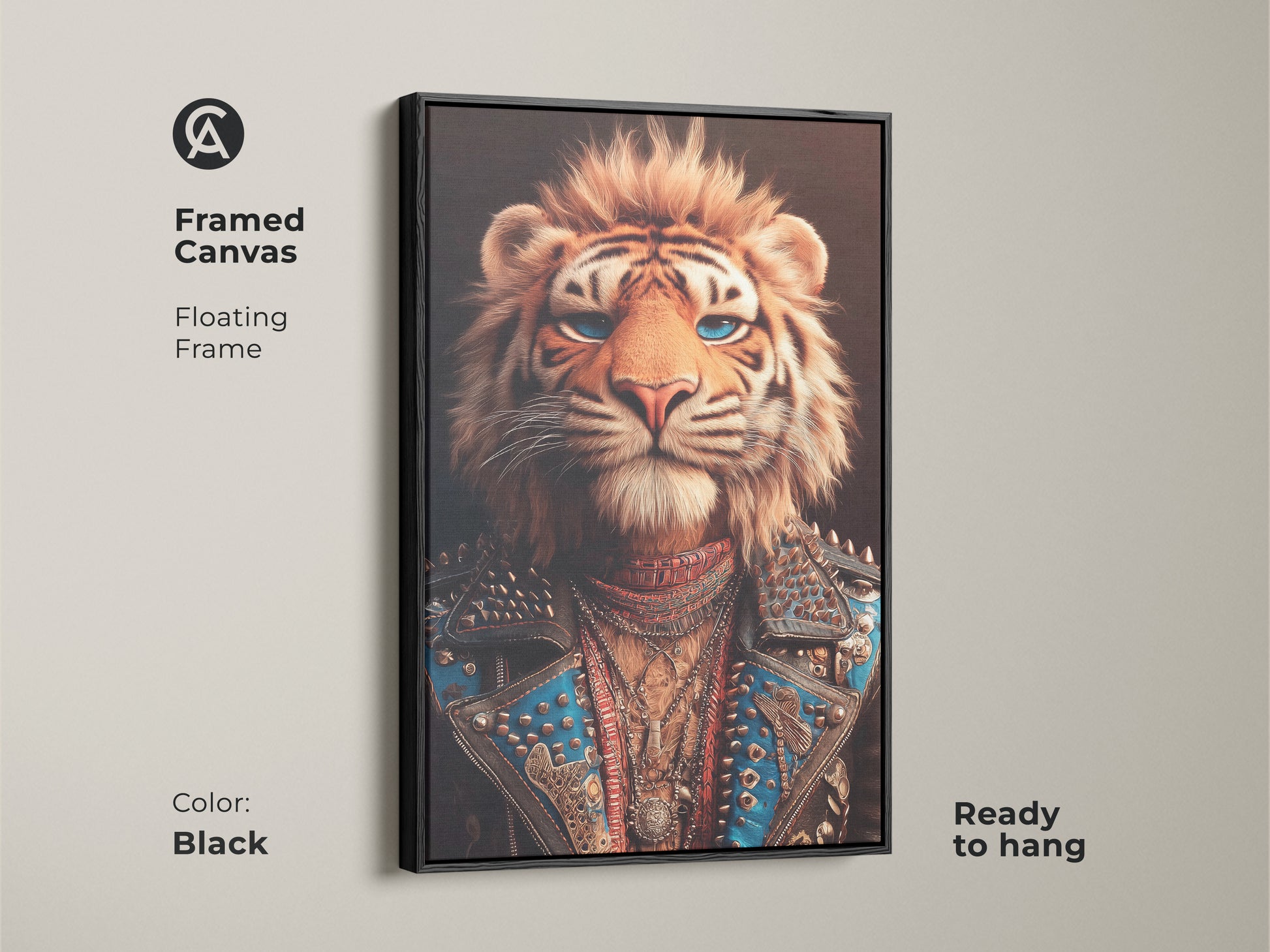 Framed canvas of a tiger dressed as a rockstar with a floating black frame is ready to hang. The art print combines bold blue and orange hues with intricate details of studded jackets. Perfect edgy home decor print for an office or man cave.
