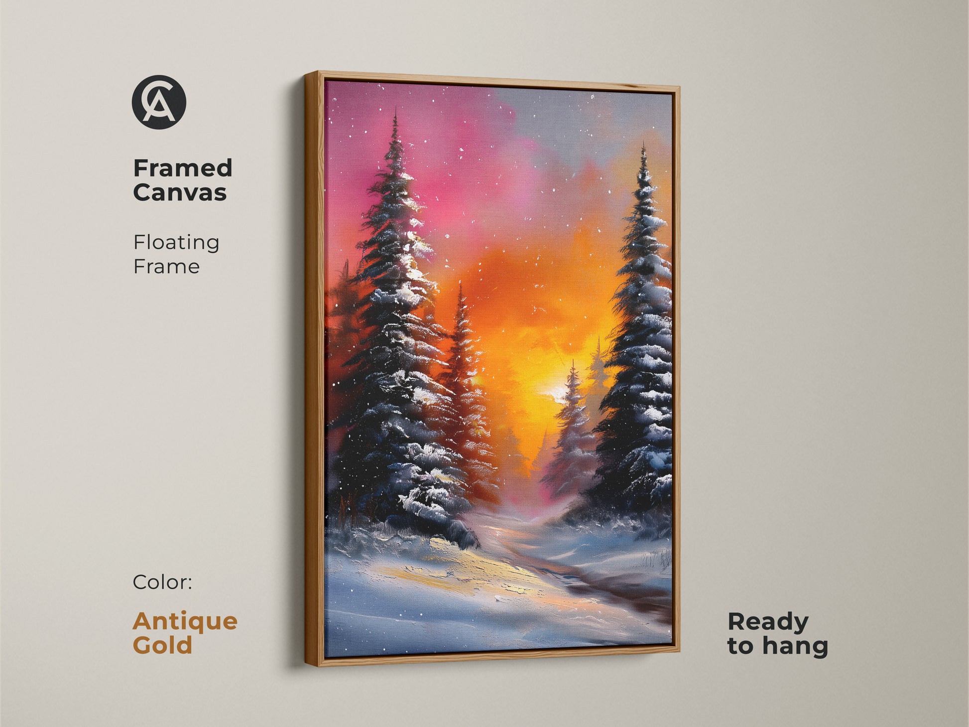 Framed canvas print with an antique gold floating frame. It is a rustic winter landscape with snow-covered pine trees. The orange and pink sky creates a warm ambiance. This is a ready to hang evergreen tree canvas.
