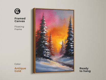 Framed canvas print with an antique gold floating frame. It is a rustic winter landscape with snow-covered pine trees. The orange and pink sky creates a warm ambiance. This is a ready to hang evergreen tree canvas.