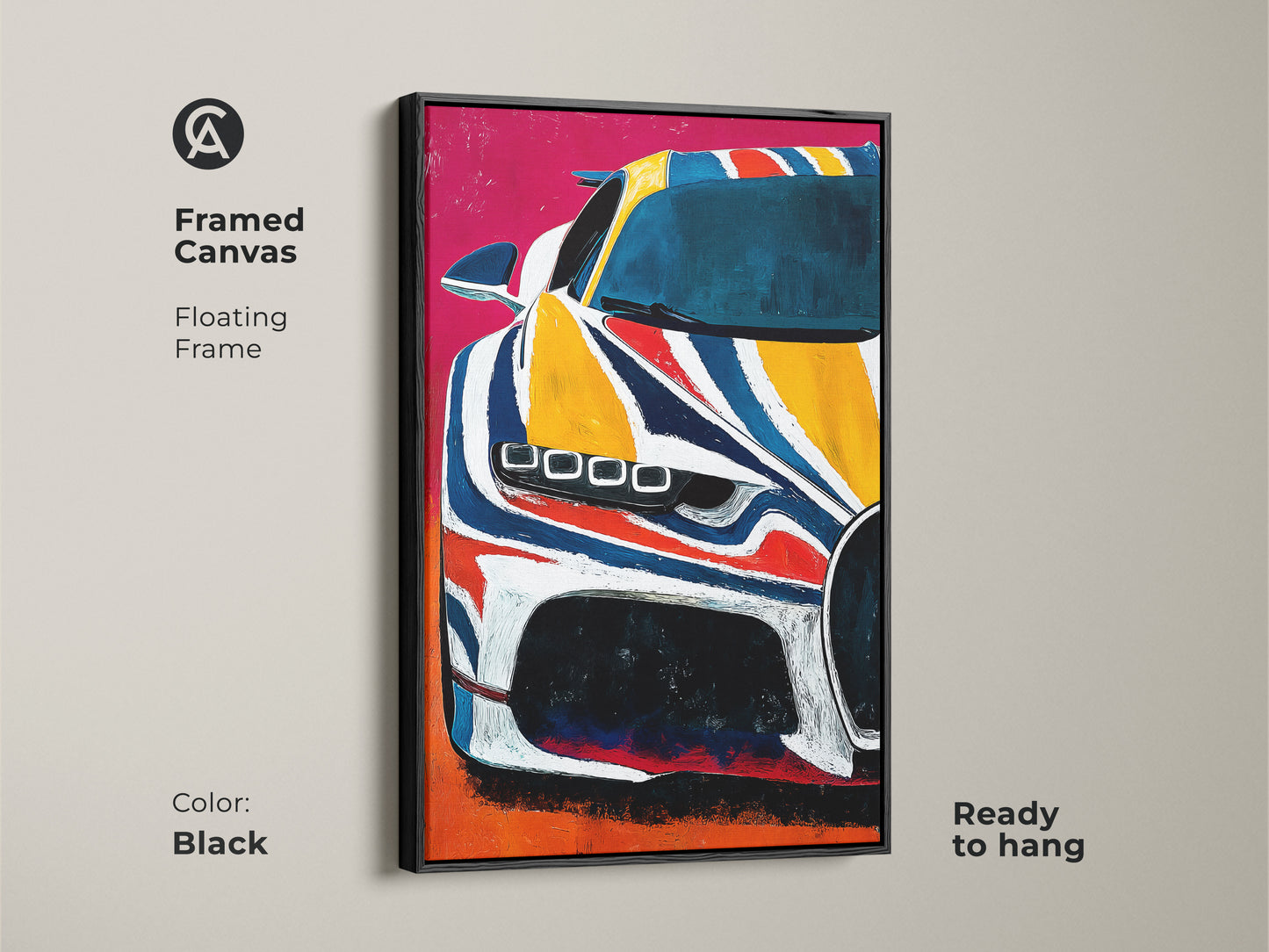 Framed canvas featuring abstract supercar art. This modern automotive artwork uses yellow blue and red colors. A floating frame in black makes it ready to hang. Enhance garage or office decor with automotive passion.