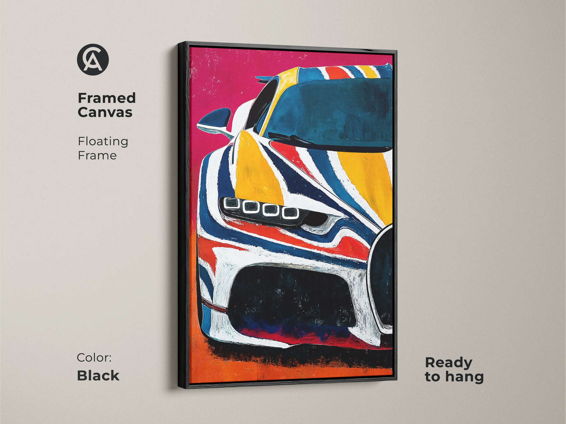 Framed canvas featuring abstract supercar art. This modern automotive artwork uses yellow blue and red colors. A floating frame in black makes it ready to hang. Enhance garage or office decor with automotive passion.