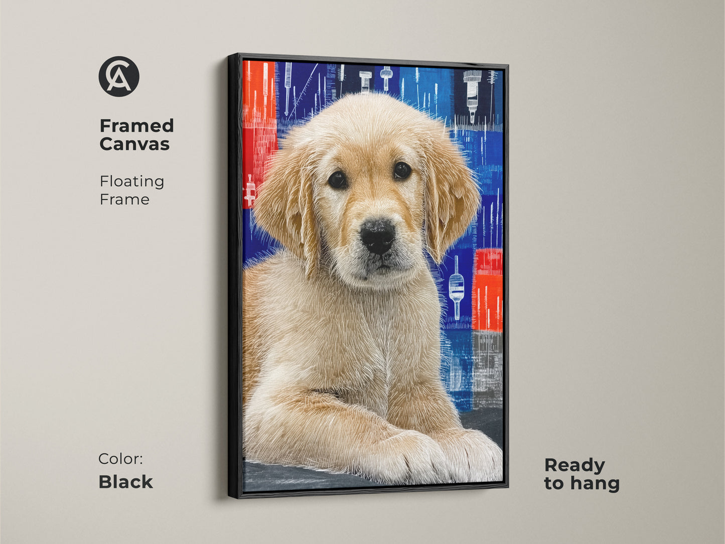 A framed canvas with a floating black frame features a cute Golden Retriever puppy in an abstract blue and red style. This contemporary dog art is ready to hang adding a modern touch to your decor. It makes a thoughtful gift for dog moms enhancing any bedroom or home office.