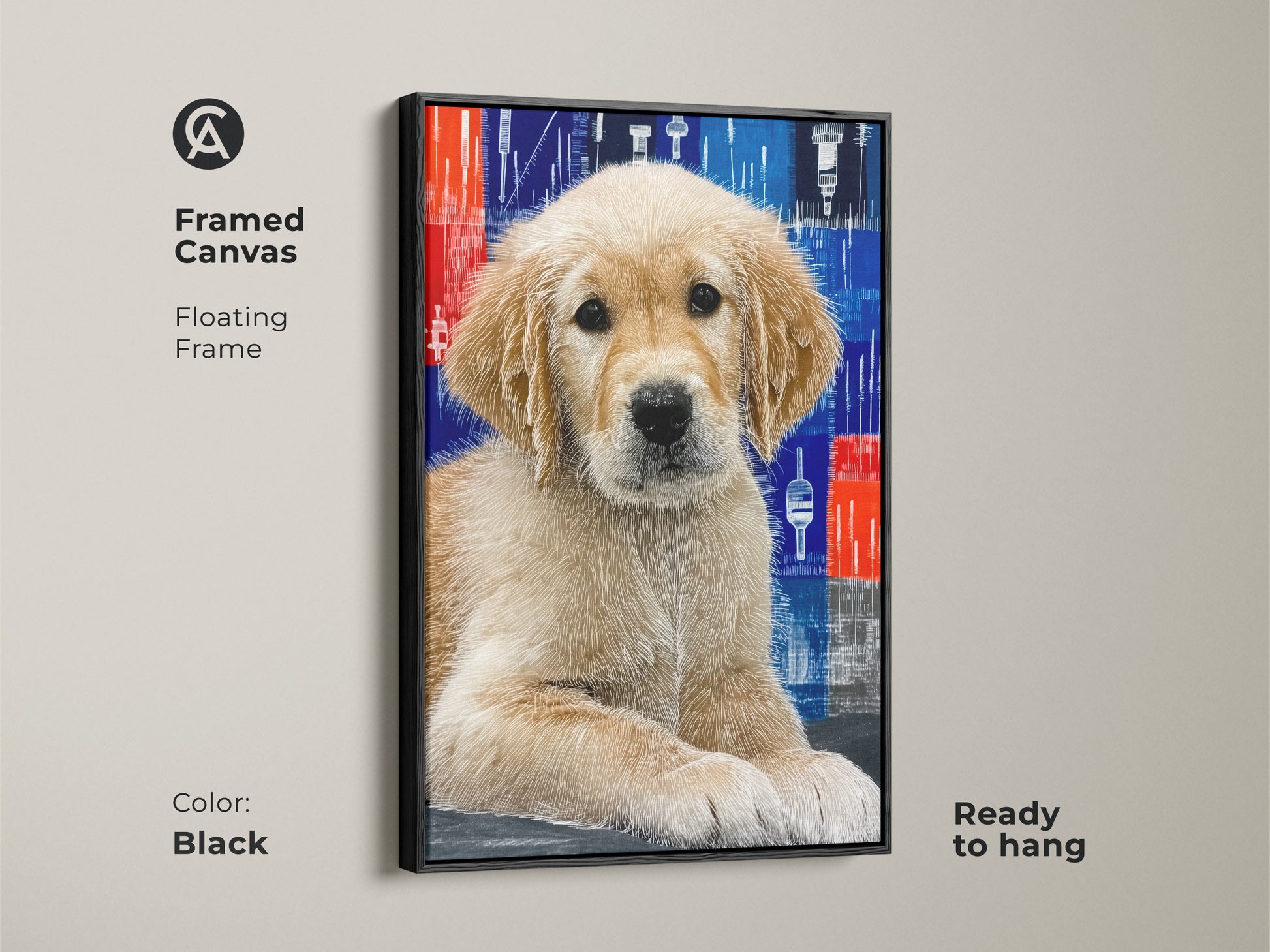 A framed canvas with a floating black frame features a cute Golden Retriever puppy in an abstract blue and red style. This contemporary dog art is ready to hang adding a modern touch to your decor. It makes a thoughtful gift for dog moms enhancing any bedroom or home office.