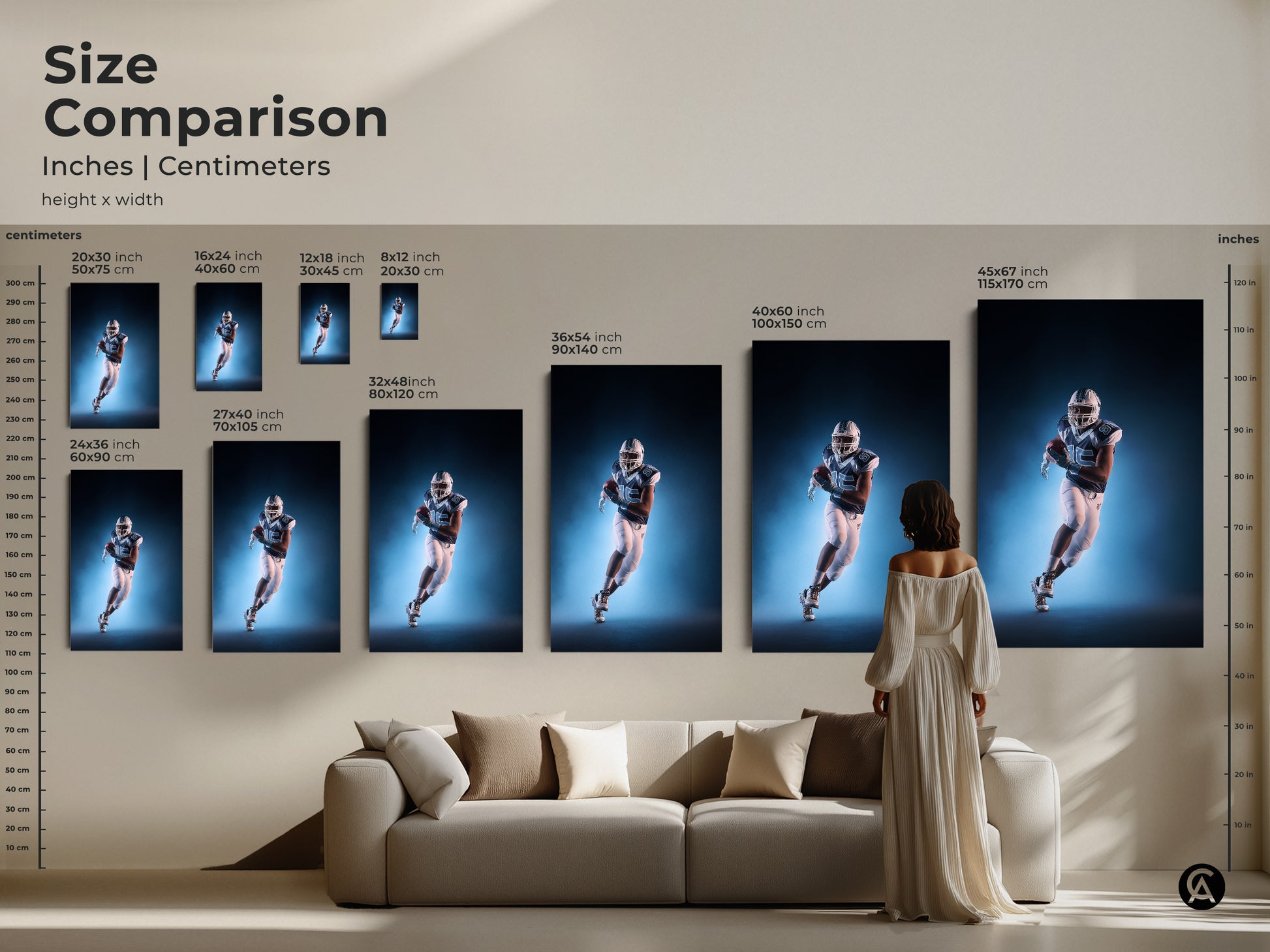 Size comparison of American Football art prints in inches and centimeters. Visualize the perfect fit for your space. Sizes range from 20x30 cm to 45x67 inches. Elevate your decor with dynamic athlete artwork. A sports enthusiast gift.