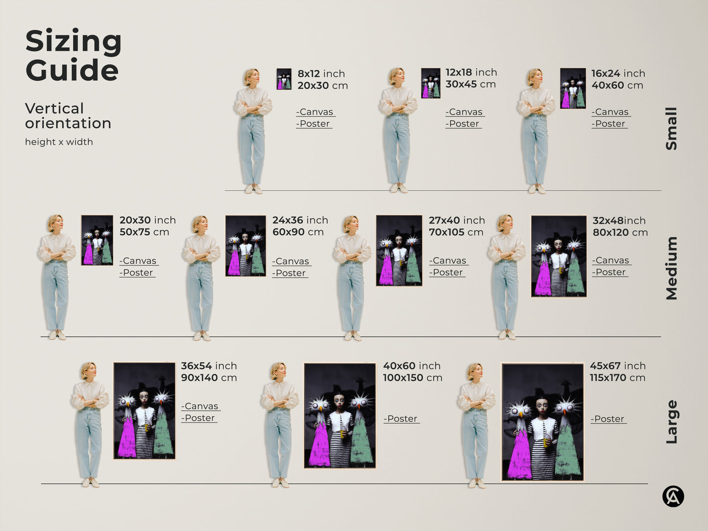 Sizing guide for surreal girl and monster art. Vertical orientation height x width artwork available in canvas and poster print. Sizes range from small medium and large perfect for any space.