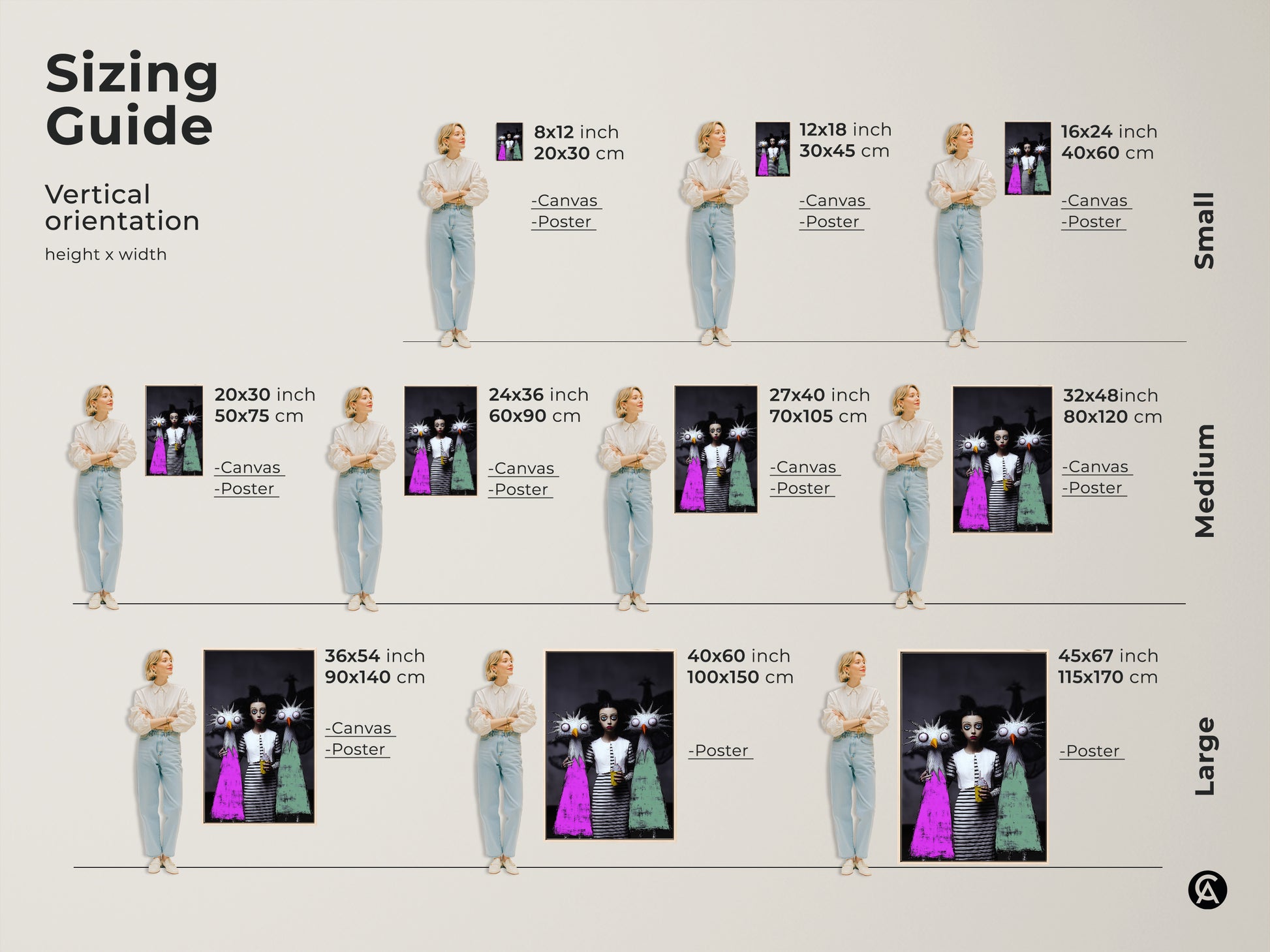 Sizing guide for surreal girl and monster art. Vertical orientation height x width artwork available in canvas and poster print. Sizes range from small medium and large perfect for any space.