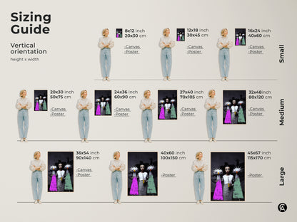 Sizing guide for surreal girl and monster art. Vertical orientation height x width artwork available in canvas and poster print. Sizes range from small medium and large perfect for any space.